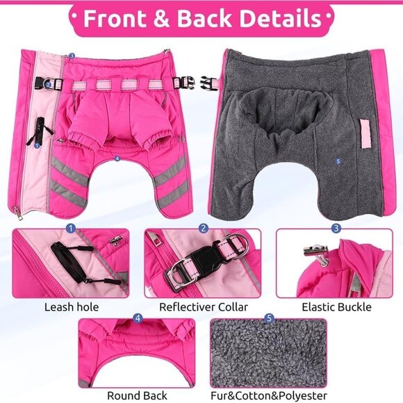 Dog Winter Jacket with Harness Waterproof Dog Snowsuit Reflective Turtleneck Dog - Picture 3 of 8